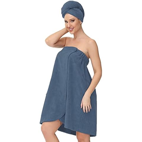 Women's Towel Robe Shower Spa Gym Body Wrap with Velcro Closure Bathrobes (Blue Grey,S/M) Cover