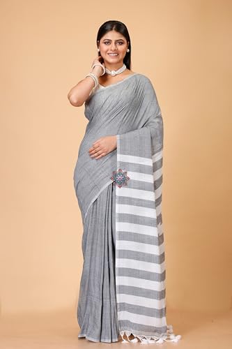 Image of OISHANI SAREE GHOR Women's Bengal Premium Cotton Saree with Blouse Piece | Traditional White Striped Pallu Pattern | Soft Lightweight Ethnic Saree for Daily Ware