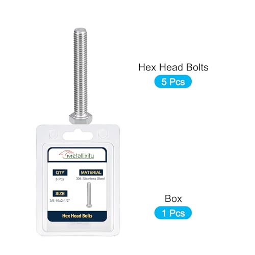 Image of METALLIXITY Hex Head Bolts (3 /8-16 x 2-1 /2 inch) 5Pcs, 304 Stainless Steel 18-8, Fully Threaded, External Hex Drive, Plain Finish, Hex Head Screw Bolt, Silver
