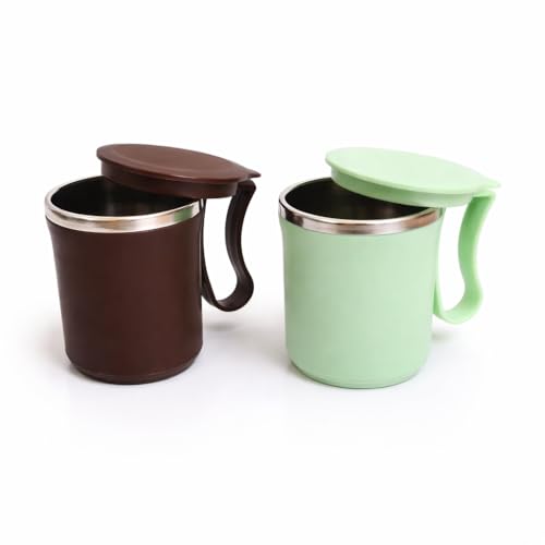 Image of Insulated Stainless Steel Coffee Mug with Lid, 300ml, Double Wall, Reusable Travel Mug for Home & Office (Brown - Pastel Green)
