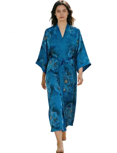 Image of Women's Classic 100% Silk Kimono Robe, Bathrobe-Printed Pattern