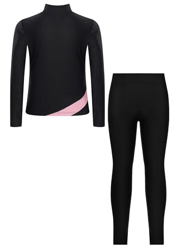 JEATHA Kids Girls Ice Skating Outfit 2-Piece Gym Training Suit Figure Skating Spiral Jacket Tights Pants Set4