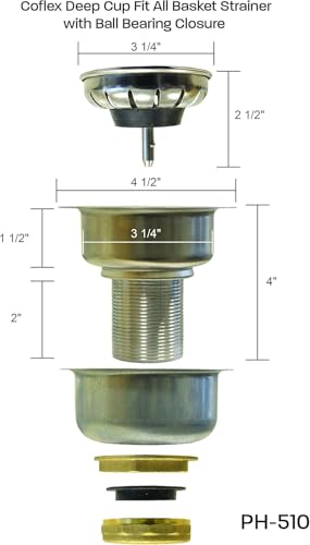 Coflex Kitchen Sink Drain Strainer, Deep Cup Basket with Easy-Press and Ball Bearing Closure, Fits 3-1/2" Drains, Chrome Finish