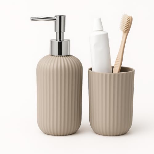 Image of LAGET Bathroom Accessories Set for Utility and Toothbrush Holder Bathroom Decor | Handwash Liquid Soap Dispenser Pump for Bathroom, Kitchen, Wash Basin, Sink Ribbed Design (Grey)