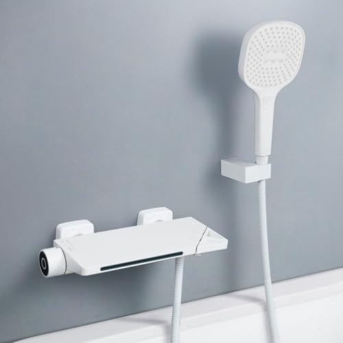 PHASAT Robinet de Baignoire Cascade Mural Mitigeur de Baignoire avec Douchette Robinet Mitigeur pour Salle de Bains en Laiton Blanc PTBW10E
