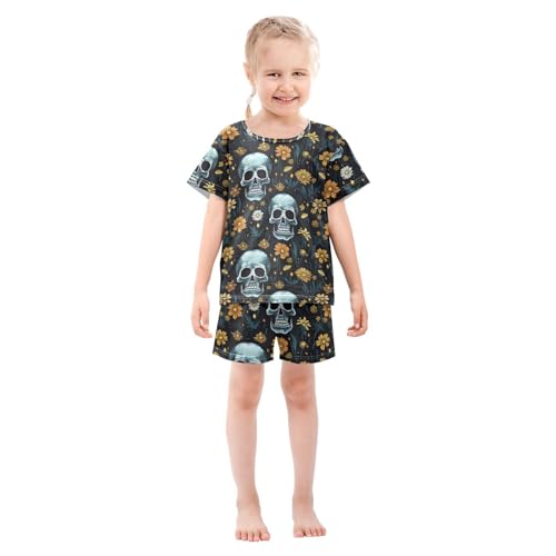 ALAZA Skull Yellow Floral Pajama Set Short Sleeve Sleepwear Soft Lounge Nightwear3