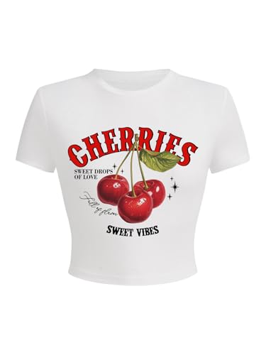 Women's Y2k Cherry Letter Print T Shirts Short Sleeve Crew Neck Summer Tops Streetwear