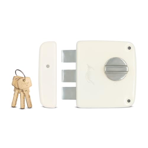 Image of Godrej Rim Lock I Tribolt Compact 1CK Door Lock | Triple Bolt Lock for Wooden Door | 3 Reversible Keys | Puller Ring Anti-Lockout |21mm Latchbolt 60mm Backset I 5 Year Warranty | Cool Ivory