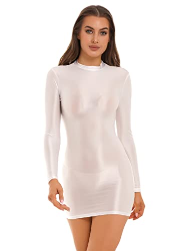 Kaerm Glossy Kleid Damen Sexy Eng Bodycon Minikleid Öl Glänzend Bleistiftkleid Langarm Etui Stretch Unterkleid Party Clubwear Weiß M