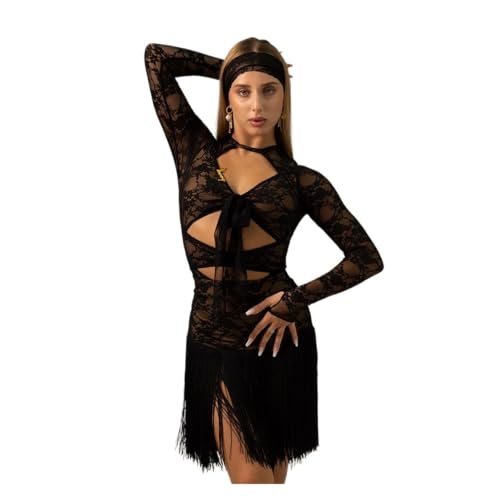 Jupe de danse latine noire avec haut en dentelle élégant pour entraînement de danse de salon adulte