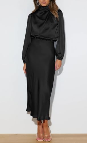 Womens Mock Neck Satin Maxi Dress Long Sleeve Formal Party Cocktail Wedding Guest Dresses3