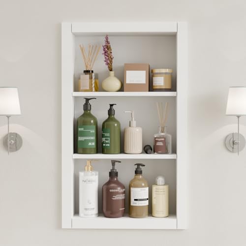 HAIDAIYA 14 * 24 Recessed Medicine Cabinet Wall Niche Wood 3-Tier Bathroom Niche Insert for Drywall in Wall Shelf Medicine Cabinets Replacement for Living Room Bathroom Storage White
