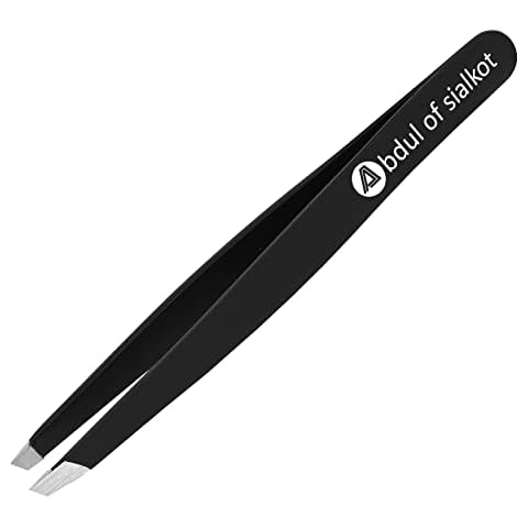 Abdul of Sialkot Tweezers for Eyebrows -Slant Tip Professional Stainless Steel Eyebrow Tweezers for Women & Men - Great Precision on Brow, Facial Hair & Ingrown Hair Pack of 1 (Black) Cover