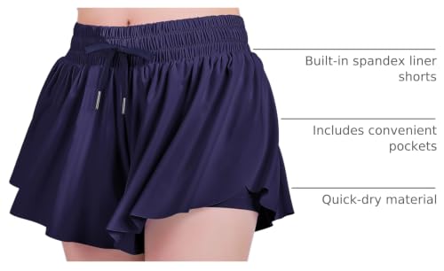 Image of JOCMIC Girls Flowy Shorts, 2 in 1 Preppy Butterfly Shorts with Spandex Liner for Cheer Athletic Gym Teens Casual Clothes