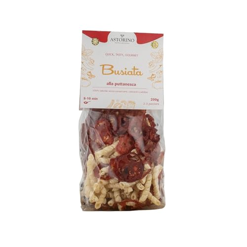 Busiata alla Puttanesca 200 g – Pasta Pronta da Cuocere in Padella – Con Pomodoro, Olive Nere e Capperi – 100% Naturale Senza Conservanti
