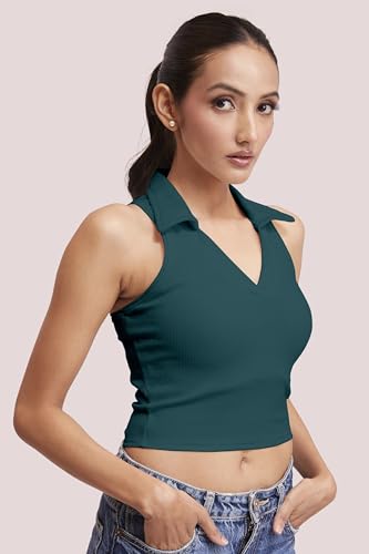 Image of BERRY BIRD Stylish Sleeveless V-Neck Slim Fit Collar Ribbed Knit Tank Crop Tops for Women & Girls Beach and Gym Wear and Western Trendy Fashion