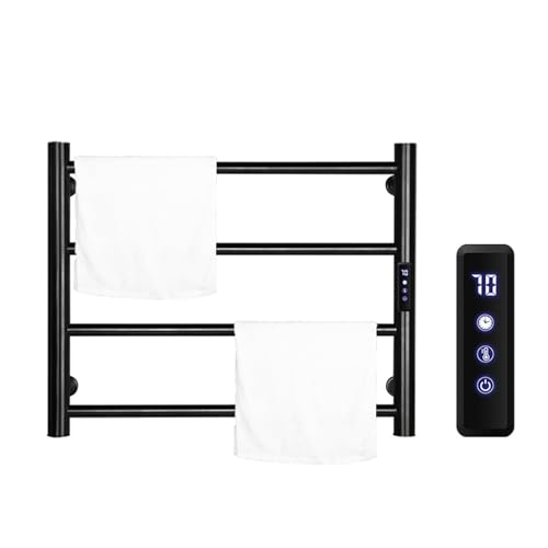 OZTYSGXM Calentador Toallas EléCtrico Pared, Toallero Calefactado, 4 Barras + Temporizador (1-24 Horas), Pantalla Digital LCD + Control Temperatura, Resistente Agua para BañOs Hotel,Black