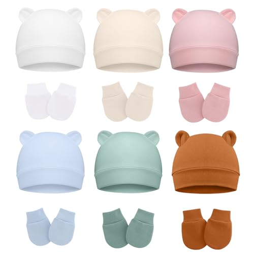 Image of ZURLEFY Cotton Baby Hats and Mittens Set Unisex, Toddler No Scratch Mittens and Beanie Cap Infant Newborn Hospital Hat