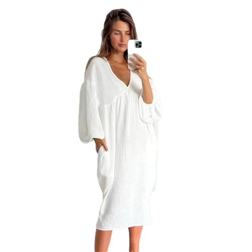 Robe de soirée col en V en gaze de coton DBFBDTU à manches bouffantes