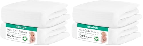 Image of Newton Baby Fitted Mini Crib Sheets (4-Pack) | Organic Muslin Cotton, Breathable & Soft Baby Sheets, Washable Baby Mattress Sheets, Fits Mini Crib Mattresses 24 inch x 38 inch, Plain White