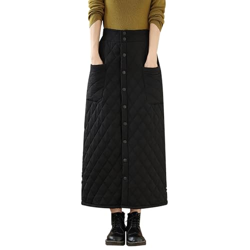 Womens Winter Skirts Elastic Waist Padded A-Line Quilted Midi Long Puffer Insulated Warm Solid Skirt with Pockets