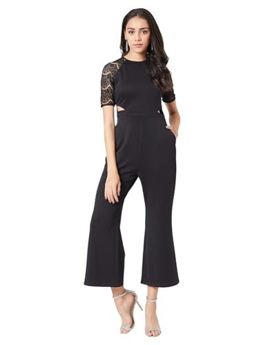 Image of Miss Chase Women's Halter Neck Sleeveless Solid Wide Leg Sequin Paneled Regular Length Jumpsuit