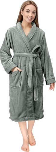 NY Threads Kuschelig Fleece Sauna Bademantel Damen Schalkragen Flauschig Morgenmantel (Stahlgrau, L)