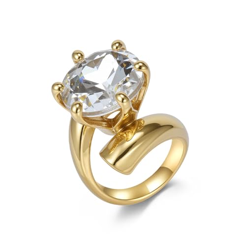Stfery Large Gemstone Stainless Steel Cocktail Ring for Women Gold White Cubic Zirconia Ring 24mm for Her Size P 1/2
