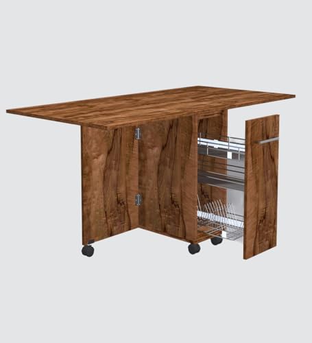 Image of SPECIALITY PANELS Folding Dining Table with 6 Wheels | Engineered Wood | Compact Design | Tables for Small Spaces | Termites Resistance | Kitchen Table in Cochwood Brown Finish