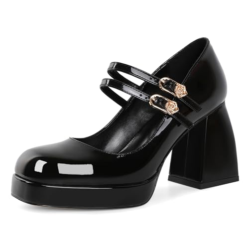 AUMOTED Women's Chunky Heels Platform Mary Janes Shoes Square Toe Pumps Patent Leather Block High Heel Dress Shoes 3.5 Inch