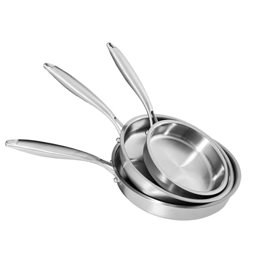 3-Piece Stainless Steel Frying Pan Set (20cm 26cm 30cm) 316 Stainless Steel Tri-Ply Construction Safe Cookware for All Stovetops