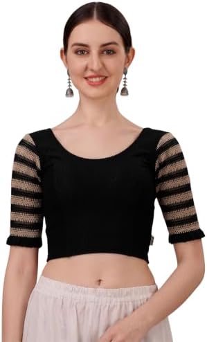 SFT Round Neck Cotton Lycra Stretchable Laced Elbow Sleeves Readymade Saree Blouse for Women Stylish (Shibani