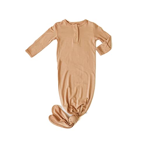 Image of Upton Ave Knotted Gown Baby Newborn, Viscose derived from Bamboo, Infant Sleeper with Mittens, Baby Girl, Baby Boy, Unisex, Super Soft Fabric Apricot