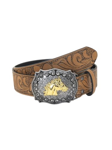 Men's Horse Head Engraved Buckle Leather Belt Vintage Western Leather Belts