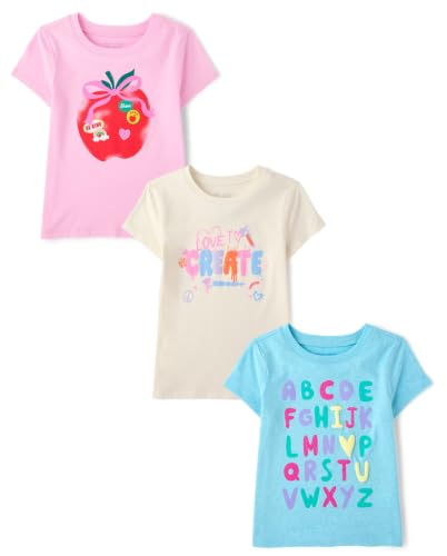Image of The Children's Place Baby-Girls and Toddler School,Learning Short Sleeve Graphic T-Shirts,3 Pack