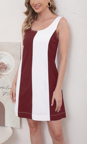 Image of CHARTOU Women Summer Sleeveless Linen Dress Color Block Short Beach Vacation Tank Dress