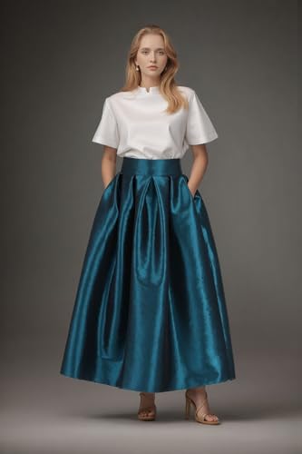 Women's Long Fashion High Waist A-Line Floor Length Taffeta Skirts with Pockets2