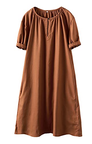Minibee Women's Cotton Linen Dress Short Sleeve Midi Casual Plus Size Tunic Dress with Pockets