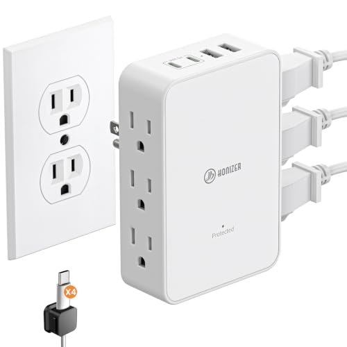 HONIZER Outlet Extender with 6AC Side Outlets Flat Wall Outlet PD 20W USB C