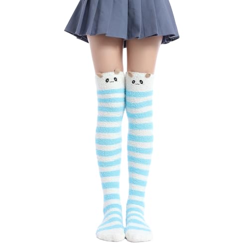 Image of Thigh High Fuzzy Socks Cute Animal Coral Fleece Over the Knee Thigh High Long Stockings Warm Stripe