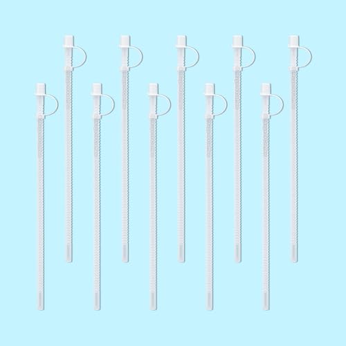 Mugs N Coffee 13” Flexible Corrugated Straws with Caps (10-Pack) – BPA-Free Reusable Drinking Straws for 64 oz Travel Mugs – Made in USA