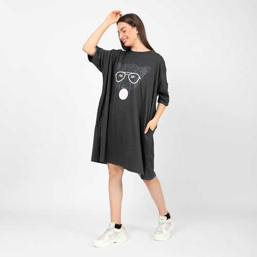 Image of LAMA STORE Women's Printed Oversized T-Shirt Dress, Cotton, 3 /4 Sleeve Length, Casual Loose Fit, Comfort Wear Extra Comfy Oversized Printed Pocket T-Shirt Dress