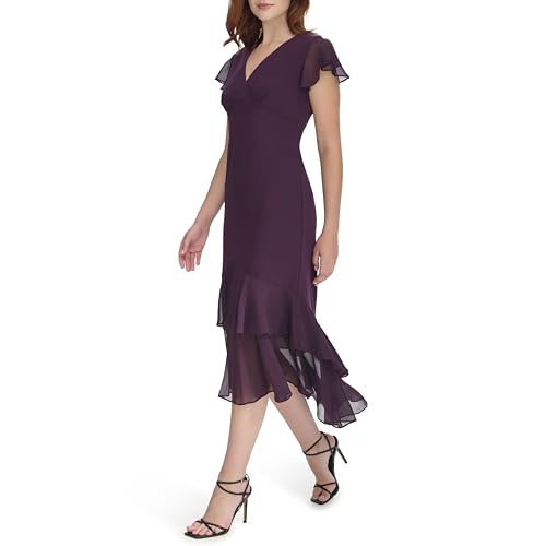 Image of Tommy Hilfiger Women's Flutter Sleeve V-Neck Ruffle Trim Hi-Lo Midi Dress