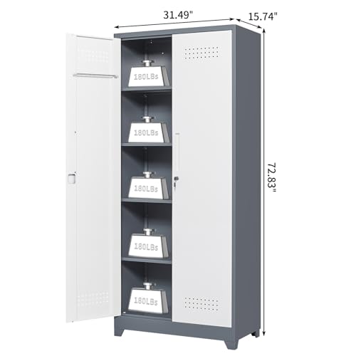 Image of Broom Storage Cabinet, Metal Cabinet with Shelves and Hanging Rod, 72.8 inch Utility Cabinets with Locking Door, Tall Cleaning Storage for Kitchen, Pantry, Office, Shop, Garage
