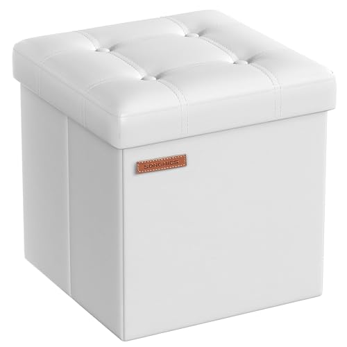 SONGMICS Puff Almacenaje de 38 cm, Banco de Almacenamiento Plegable con Tapa, Reposapiés, Cuero Sintético, Carga de 300 kg, para Entrada, Sala de Estar, Dormitorio, Blanco Nube LSF030W11