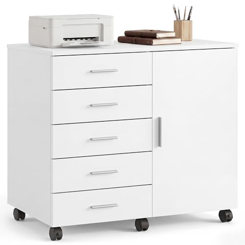 VASAGLE Caisson de Bureau, Meuble de Rangement avec 5 Tiroirs et 1 Porte, Support Imprimante sur roulettes, 80 x 40 x 65 cm, Blanc, pour Bureau à Domicile,...