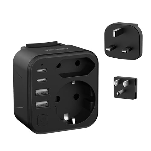 JSVER Adaptateur Universel avec 2 Prises Secteur, Adaptateur de Voyagevers USA/UK,Adaptateur International de Type G/B avec 4 Ports USB, Adaptateur de Prise...