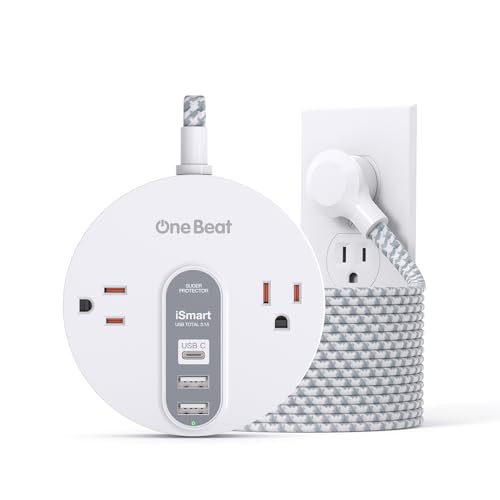 10 Ft Flat Plug Extension Cord with USB C - Power Strip Surge Protector with 2 Widely AC Outlet and...