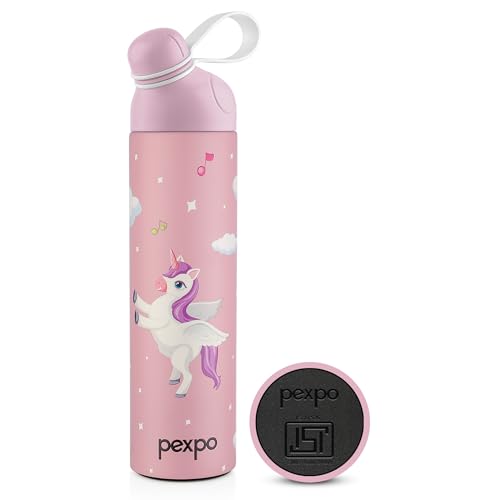 Pexpo Pico 500 Pro ISI Certified Stainless Steel Sipper Water Bottle for Kids 470ml Hot & Cold Thermos Water Bottle | Insulated Water Bottle | 6+ Years Kids | RCB Edition - Pink Unicorn Print Design