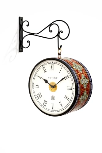 Image of Handcrafted Double Side Metal Analog Vintage Wall Clock | 1.5 Year Machine Warranty | 10 INCHES | 1 Side Number 1 Side Roman,Color (Blue Handprint)